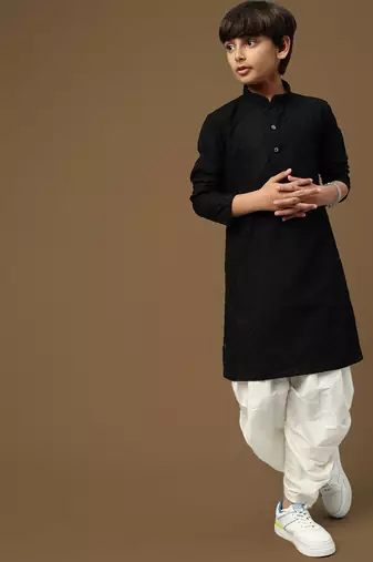 Sanwara boys trendsetting solid black chikankari designer cotton kurta set