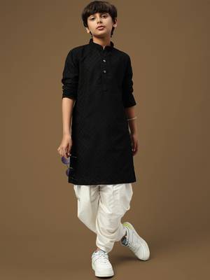 Sanwara boys trendsetting solid black chikankari designer cotton kurta set 4