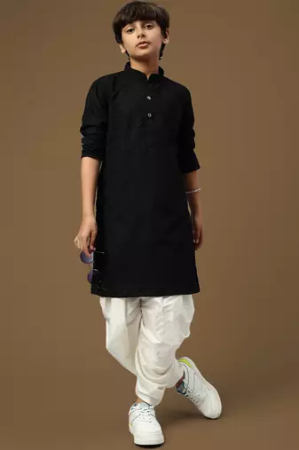 Sanwara boys trendsetting solid black chikankari designer cotton kurta set
