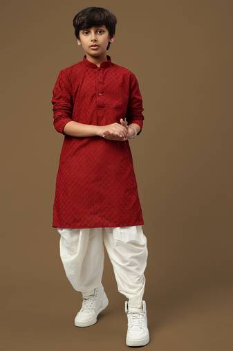 Sanwara boys trendsetting solid maroon chikankari designer cotton kurta set