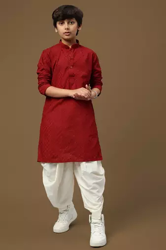 Sanwara boys trendsetting solid maroon chikankari designer cotton kurta set