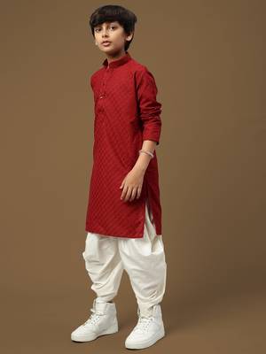 boys trendsetting solid maroon chikankari designer cotton kurta set 2