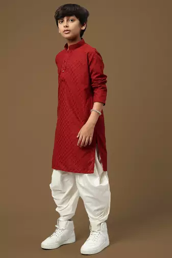 boys trendsetting solid maroon chikankari designer cotton kurta set