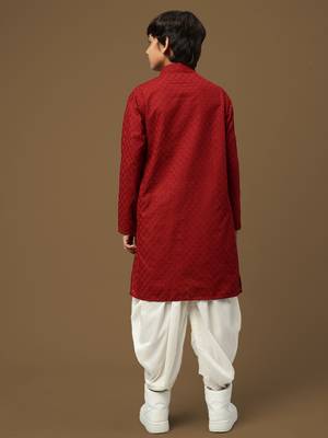 boys trendsetting solid maroon chikankari designer cotton kurta set 3