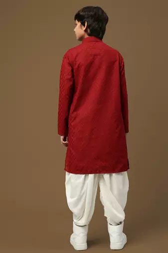boys trendsetting solid maroon chikankari designer cotton kurta set