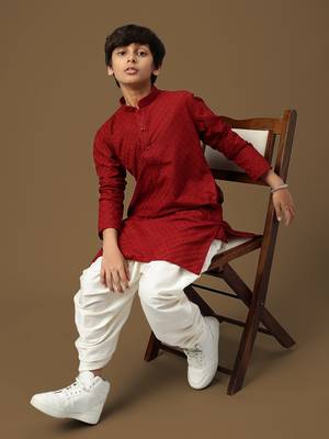 boys trendsetting solid maroon chikankari designer cotton kurta set 4
