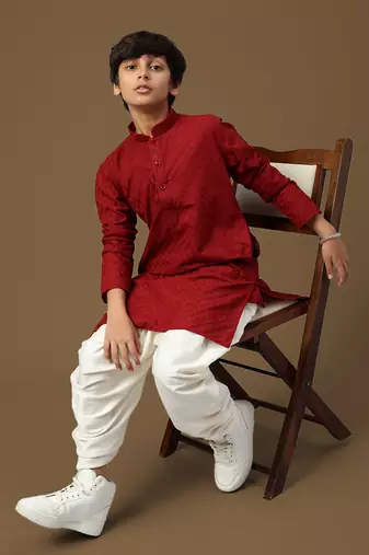 boys trendsetting solid maroon chikankari designer cotton kurta set