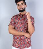 Red block printed half sleeves cotton shirt
