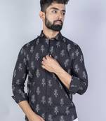 Black hand block printed full sleeves cotton shirt