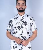 White abstract printed half sleeves crepe shirt