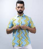 Sky blue zig zag printed half sleeves crepe shirt
