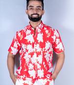 Red coconut tree printed half sleeves crepe shirt
