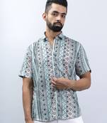 Sea green tribal printed half sleeves crepe shirt