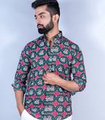 Green elephant ikat printed full sleeves cotton shirt