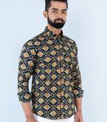 Navy blue floral printed full sleeves cotton shirt