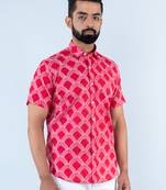 Red scallop printed half sleeves cotton shirt