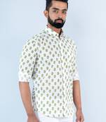 White block printed full sleeves cotton shirt