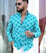Sea green scallop printed full sleeves cotton shirt