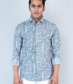 Dusty blue polynesian tribal printed full sleeves crepe shirt