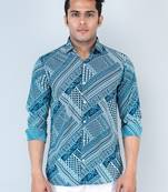 Teal blue patchwork printed full sleeves crepe shirt
