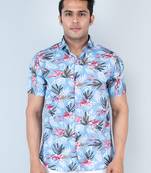 Sky blue tropical printed half sleeves crepe shirt