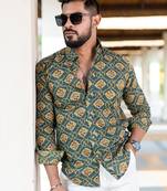 Teal blue floral printed full sleeves cotton shirt
