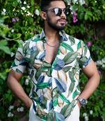 White leaf printed half sleeves crepe shirt