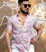 Pink floral printed half sleeves crepe shirt