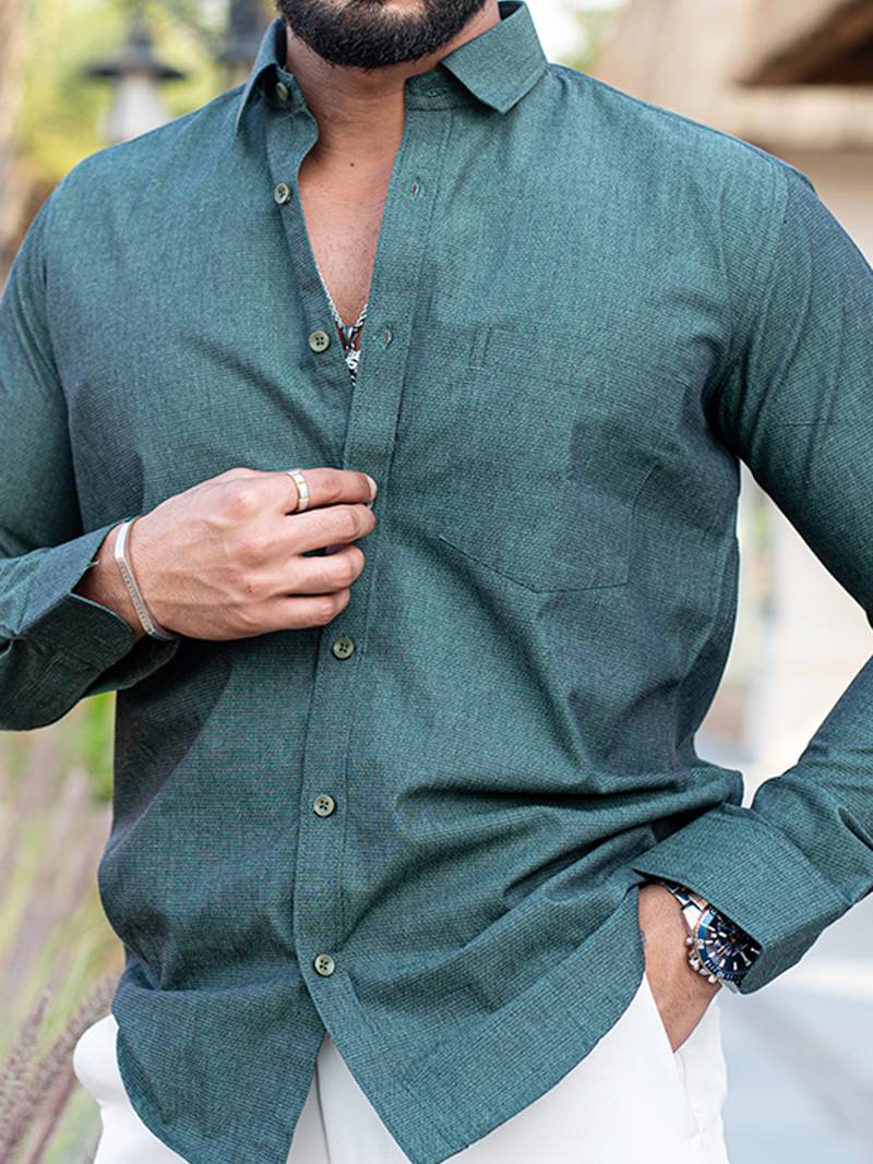 Dark green self weaved full sleeves giza cotton shirt Tistabene