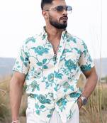 Teal blue floral printed half sleeves cotton shirt