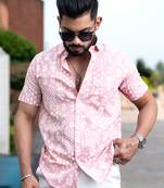 Pink bandana floral printed half sleeves cotton shirt