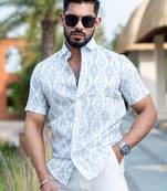 Pale blue block printed half sleeves cotton shirt