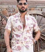 Purple floral printed half sleeves cotton shirt