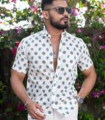 Off white floral block printed half sleeves cotton shirt