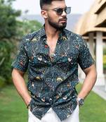 Black wildlife printed half sleeves cotton shirt