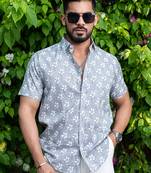 Grey floral printed half sleeves cotton shirt