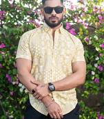 Pastel yellow bandana floral printed half sleeves cotton shirt