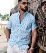 Sky blue block printed half sleeves cotton shirt