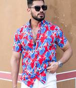 Red tropical leaf printed half sleeves crepe shirt