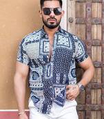 Blue bandana floral printed half sleeves crepe shirt