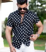 Black polka dots printed half sleeves crepe shirt