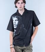 Men faces printed oversized black crepe shirt