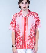 Red branches printed oversized peach crepe shirt