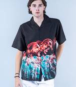 Men faces printed oversized black crepe shirt