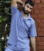 Teal blue oversized popcorn texture half sleeves shirt