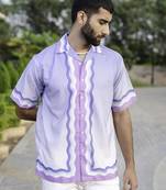 Minimal wavy line printed oversized blue iris crepe shirt