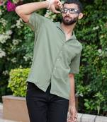Olive green oversized striped popcorn texture half sleeves shirt
