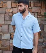 Pale blue oversized striped popcorn texture half sleeves shirt