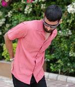 Pink oversized striped popcorn texture half sleeves shirt