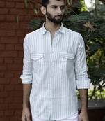 Mint green striped 2 pockets full sleeves combed cotton shirt